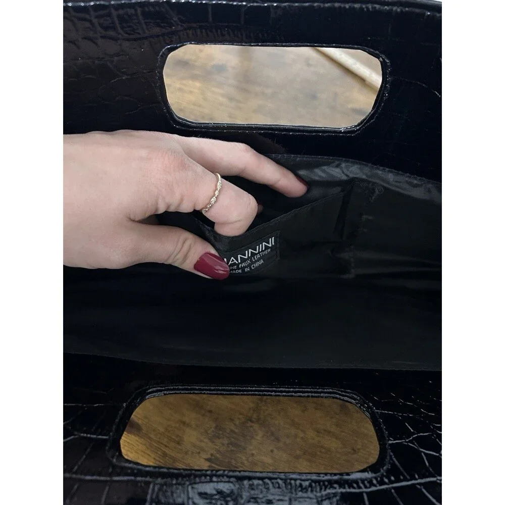 Vintage Giannini Patent BlackCroc Embossed Envelope Clutch Purse Minimalist Chic